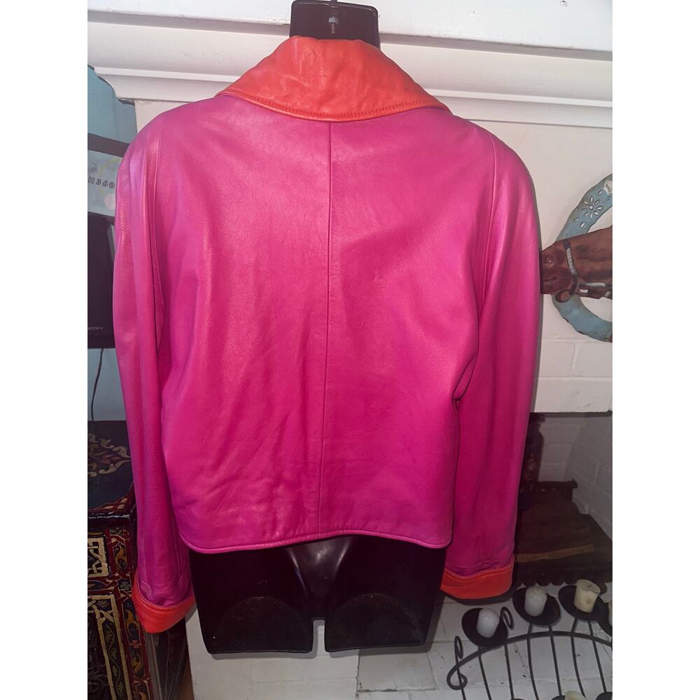 VINTAGE 80's UNWORN VAKKO PINK/ORANGE GLOVE LEATHER JACKET MOD S - Picture 3 of 11